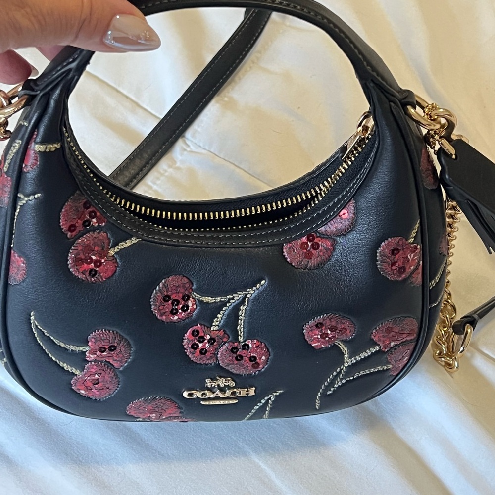 Coach Black Leather Shoulder Bag with Cherry Sequin Embroidery